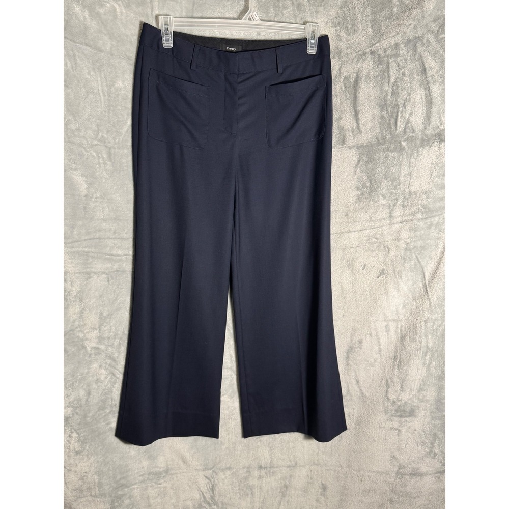 Theory Navy Blue Virgin‎ 100% Wool Wide Leg Trousers Pants Size 8
